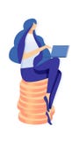Funcionamiento de la mujer con el ejemplo plano del vector del ordenador portátil ilustración del vector Funcionamiento de la mujer con el ejemplo plano del vector del ordenador portátil ilustración del vector
