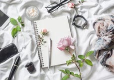 Fundo de produtos liso da beleza da configuração O bloco de notas, aumentou, perfuma, rímel, relógios, vidros, fones de ouvido, t fotos de stock Fundo de produtos liso da beleza da configuração O bloco de notas, aumentou, perfuma, rímel, relógios, vidros, fones de ouvido, t fotos de stock