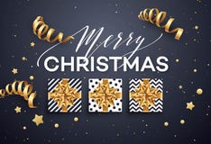 Fundo do Natal com a caixa de presente com curva do ouro, flâmulas, confetes ilustração stock Fundo do Natal com a caixa de presente com curva do ouro, flâmulas, confetes ilustração stock