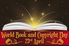 Funkelndes Buch mit Gruß-Band für Weltbuch-Tag, Vektor-Illustration lizenzfreie abbildung Funkelndes Buch mit Gruß-Band für Weltbuch-Tag, Vektor-Illustration lizenzfreie abbildung