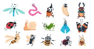 Funny bugs. Cartoon cute insects with faces, caterpillar butterfly bumblebee spider colorful characters. Vector