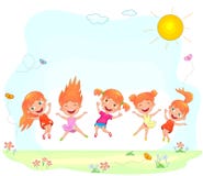 Joyful and happy children jumping on the grass stock illustration Joyful and happy children jumping on the grass stock illustration