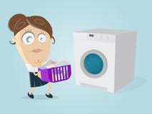 Funny cartoon woman with dirty laundry and washing machine Royalty Free Stock Photos Funny cartoon woman with dirty laundry and washing machine Royalty Free Stock Photos