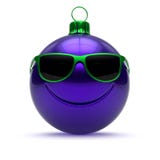 Funny Christmas ball face blue New Year`s Eve bauble cartoon. Decoration cute sunglasses green. Merry Xmas cheerful boss person laughing character adornment. 3d stock images Funny Christmas ball face blue New Year`s Eve bauble cartoon. Decoration cute sunglasses green. Merry Xmas cheerful boss person laughing character adornment. 3d stock images