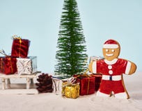 Funny christmas santa cookie with Christmas tree and gift box re royalty free stock image Funny christmas santa cookie with Christmas tree and gift box re royalty free stock image