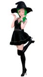 Sassy young witch in short dress, black boots and witches hat stock illustration Sassy young witch in short dress, black boots and witches hat stock illustration