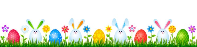 Funny easter bunnies eggs on green grass with flowers. easter and spring concept. vector illustration