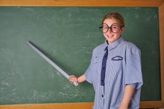 Funny kid girl at school teacher costume stock photos Funny kid girl at school teacher costume stock photos