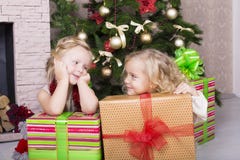 Funny Kids With Christmas Gift Royalty Free Stock Photos