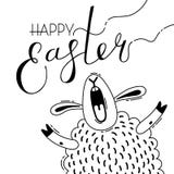 Funny lamb screams congratulations. Greeting card with Happy Easter writing. Vector illustration royalty free illustration Funny lamb screams congratulations. Greeting card with Happy Easter writing. Vector illustration royalty free illustration