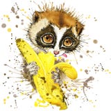 Funny lemur and banana with watercolor splash textured