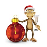 Funny monkey. With a santa hat and a glass of wine and watch in the shape of a ball indicating the approach of the new year vector illustration Funny monkey. With a santa hat and a glass of wine and watch in the shape of a ball indicating the approach of the new year vector illustration