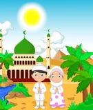 Funny two muslims in front of mosque landscape background vector illustration Funny two muslims in front of mosque landscape background vector illustration