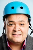 funny man wearing cycling helmet portrait real people high definition blue background stock image funny man wearing cycling helmet portrait real people high definition blue background stock image