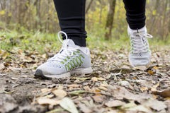 Funzionamento dell'atleta della ragazza nel parco lungo il percorso in autunno Fotografie Stock Libere da Diritti Funzionamento dell'atleta della ragazza nel parco lungo il percorso in autunno Fotografie Stock Libere da Diritti