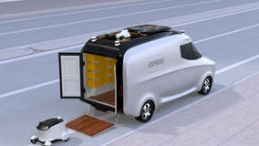 Furgone di consegna che libera i robot e fuco auto-moventi Furgone di consegna che libera i robot e fuco auto-moventi