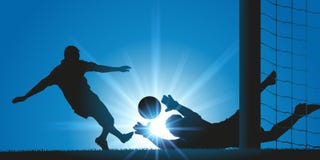 Futbolista que anota una meta contra el portero durante una reunión ilustración del vector Futbolista que anota una meta contra el portero durante una reunión ilustración del vector