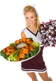 Futebol: Líder da claque Holding Tray Of Chicken Wings foto de stock Futebol: Líder da claque Holding Tray Of Chicken Wings foto de stock