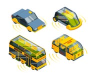 Future unmanned vehicle. Autonomous transport cars buses trucks and trains self control automotive robots system vector royalty free illustration Future unmanned vehicle. Autonomous transport cars buses trucks and trains self control automotive robots system vector royalty free illustration