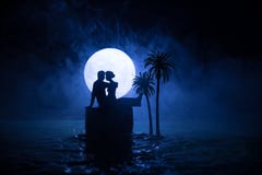 Futuristic Night Landscape With Abstract Landscape And Island, Moonlight, Shine. Dark Natural Scene With Reflection Of Light In Stock Photo Futuristic Night Landscape With Abstract Landscape And Island, Moonlight, Shine. Dark Natural Scene With Reflection Of Light In Stock Photo