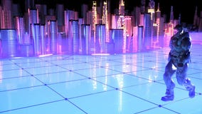 Futuristic soldier on a future city stock illustration Futuristic soldier on a future city stock illustration