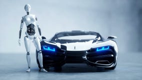 Futuristische humanoid vrouwelijke robot en sc.i-de auto van FI Realistische motie en bezinningen Concept toekomst 4k lengte vector illustratie Futuristische humanoid vrouwelijke robot en sc.i-de auto van FI Realistische motie en bezinningen Concept toekomst 4k lengte vector illustratie