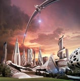 Futuristische stad en ruimtewiel met een exotische energiebron royalty-vrije illustratie Futuristische stad en ruimtewiel met een exotische energiebron royalty-vrije illustratie