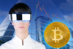 Futuristisk exponeringsglaskvinnaBitcoin BTC affärsman arkivbilder Futuristisk exponeringsglaskvinnaBitcoin BTC affärsman arkivbilder