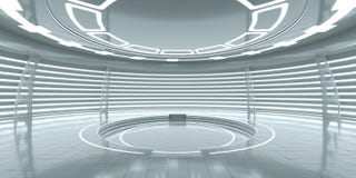 Futuristisk inre med det tomma glödande podiet Arkivfoton Futuristisk inre med det tomma glödande podiet Arkivfoton