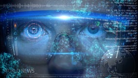 Futurystyczny monitor na twarzy z kodu i informaci hologramem Oka hud animacja Przyszłościowy pojęcie fotografia stock Futurystyczny monitor na twarzy z kodu i informaci hologramem Oka hud animacja Przyszłościowy pojęcie fotografia stock