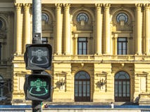 Fußgängersemaphor vor Unabhängigkeits-Park und Museu Paulista der Universität von Sao Paulo lizenzfreies stockbild Fußgängersemaphor vor Unabhängigkeits-Park und Museu Paulista der Universität von Sao Paulo lizenzfreies stockbild