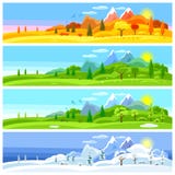 fyra liggandesäsonger Baner med träd, berg och kullar i vintern, vår, sommar, höst royaltyfri illustrationer fyra liggandesäsonger Baner med träd, berg och kullar i vintern, vår, sommar, höst royaltyfri illustrationer