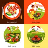 Fyrkant för symboler för grillfestparti 4 plan stock illustrationer Fyrkant för symboler för grillfestparti 4 plan stock illustrationer
