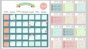 Färgrik gullig månatlig kalender 2018 med ekorren, and, ren, vektor illustrationer Färgrik gullig månatlig kalender 2018 med ekorren, and, ren, vektor illustrationer