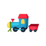 Färgrik plast- lokomotiv på hjul med den lilla vagnen Leksakdrev för barn s Plan vektorsymbol för ungerengöringsduklager och stock illustrationer Färgrik plast- lokomotiv på hjul med den lilla vagnen Leksakdrev för barn s Plan vektorsymbol för ungerengöringsduklager och stock illustrationer