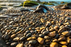 Färgrika kiselstenar som blänker i solskenet på en Rocky Beach royaltyfria foton Färgrika kiselstenar som blänker i solskenet på en Rocky Beach royaltyfria foton