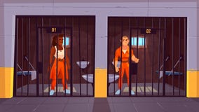 Fångar i orange jumpsuits i fängelsearrest stock illustrationer Fångar i orange jumpsuits i fängelsearrest stock illustrationer