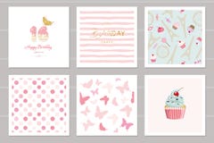 Födelsedagkortuppsättning för tonårs- flickor Inklusive sömlösa modeller i pastellfärgade rosa färger Söta 16, fjärilar, muffin, stock illustrationer Födelsedagkortuppsättning för tonårs- flickor Inklusive sömlösa modeller i pastellfärgade rosa färger Söta 16, fjärilar, muffin, stock illustrationer