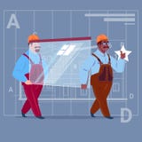 För Carry Glass Wearing Uniform And för två tecknad filmbyggmästare för Over Abstract Plan för byggnadsarbetare hjälm man bakgrun vektor illustrationer För Carry Glass Wearing Uniform And för två tecknad filmbyggmästare för Over Abstract Plan för byggnadsarbetare hjälm man bakgrun vektor illustrationer