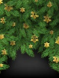 För vinterferie för glad jul bakgrund, granträdfilialer och guld- snöflingor Utmärkt för kort, baner, titelrader vektor illustrationer För vinterferie för glad jul bakgrund, granträdfilialer och guld- snöflingor Utmärkt för kort, baner, titelrader vektor illustrationer