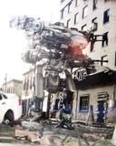 Fördärvar det futuristiska Mech vapnet för roboten med full samling av vapen i en stad av vektor illustrationer Fördärvar det futuristiska Mech vapnet för roboten med full samling av vapen i en stad av vektor illustrationer