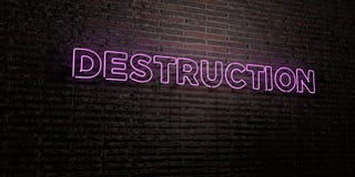 FÖRSTÖRELSE - realistiskt neontecken på bakgrund för tegelstenvägg - 3D framförd fri materielbild för royalty royaltyfri illustrationer FÖRSTÖRELSE - realistiskt neontecken på bakgrund för tegelstenvägg - 3D framförd fri materielbild för royalty royaltyfri illustrationer