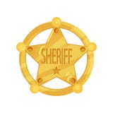 Fünf-spitzer Sheriffsternmessingausweis im flachen Design lokalisiert auf weißem Hintergrund Goldener Polizist Jetton Lizenzfreie Stockfotografie Fünf-spitzer Sheriffsternmessingausweis im flachen Design lokalisiert auf weißem Hintergrund Goldener Polizist Jetton Lizenzfreie Stockfotografie