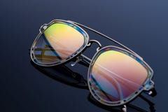 Gafas de sol, color del camaleón, reflejo en el sol Fondo oscuro de la pendiente fotos de archivo libres de regalías Gafas de sol, color del camaleón, reflejo en el sol Fondo oscuro de la pendiente fotos de archivo libres de regalías