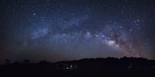Galaxia de la vía láctea y silueta hermosas del árbol de pino en a cerca imagenes de archivo Galaxia de la vía láctea y silueta hermosas del árbol de pino en a cerca imagenes de archivo