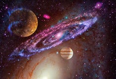 Galaxie en spirale et planète dans l'espace extra-atmosphérique photo stock Galaxie en spirale et planète dans l'espace extra-atmosphérique photo stock
