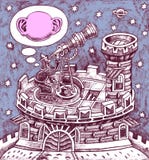 Galileo Galilei en un telescopio ilustración del vector Galileo Galilei en un telescopio ilustración del vector