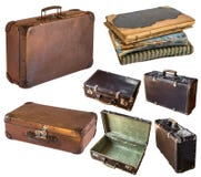 Gamla sjaskig tappningresv?skor och bok som isoleras p? vit bakgrund retro stil arkivbilder Gamla sjaskig tappningresv?skor och bok som isoleras p? vit bakgrund retro stil arkivbilder
