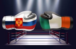 Gants de boxe avec des copies des drapeaux irlandais et russes faisant face à chacun illustration libre de droits Gants de boxe avec des copies des drapeaux irlandais et russes faisant face à chacun illustration libre de droits