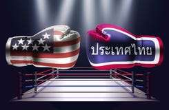 Gants de boxe avec des copies des Etats-Unis et des drapeaux thaïlandais faisant face à chacun illustration stock Gants de boxe avec des copies des Etats-Unis et des drapeaux thaïlandais faisant face à chacun illustration stock